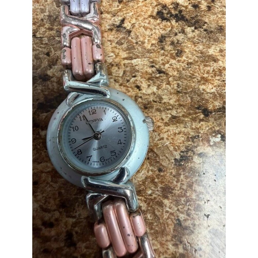 Vintage Geneva Women’s Quartz Watch Pastel Enamel Link Bracelet Multi Color